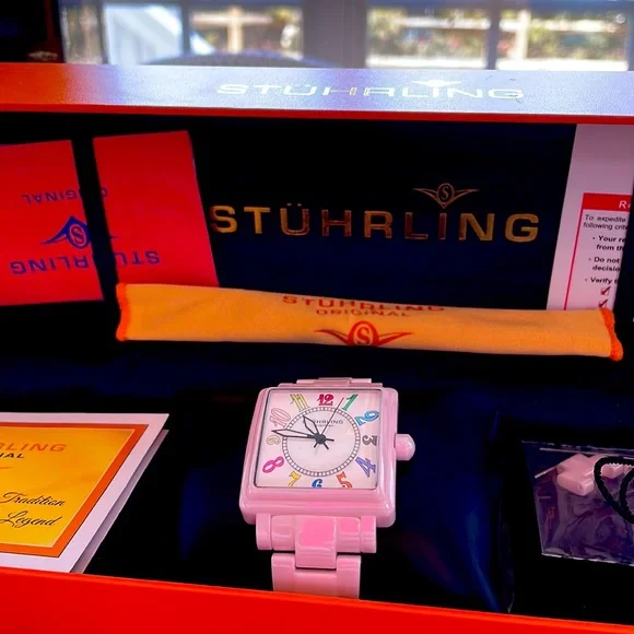 Stuhrling Original Ladies Pink Leather Watch Mother of Pearl Love Heart Dial NIB Saylor 38mm Mother of Pearl Quartz 4019 Classic | Stührling main image 3